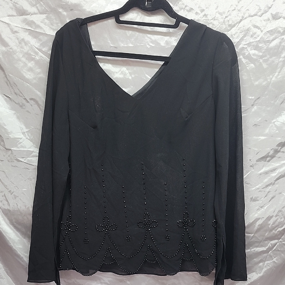 Metaphor Black Beaded Evening Blouse Bell Sleeve Sheer Lined Top Size XL